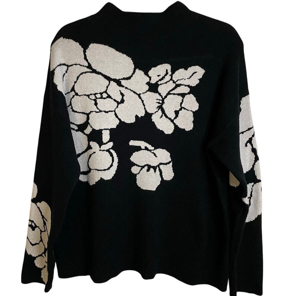Tribal Jacquard Knit Funnel Neck Sweater Sz L Floral Black White Neutral Chic